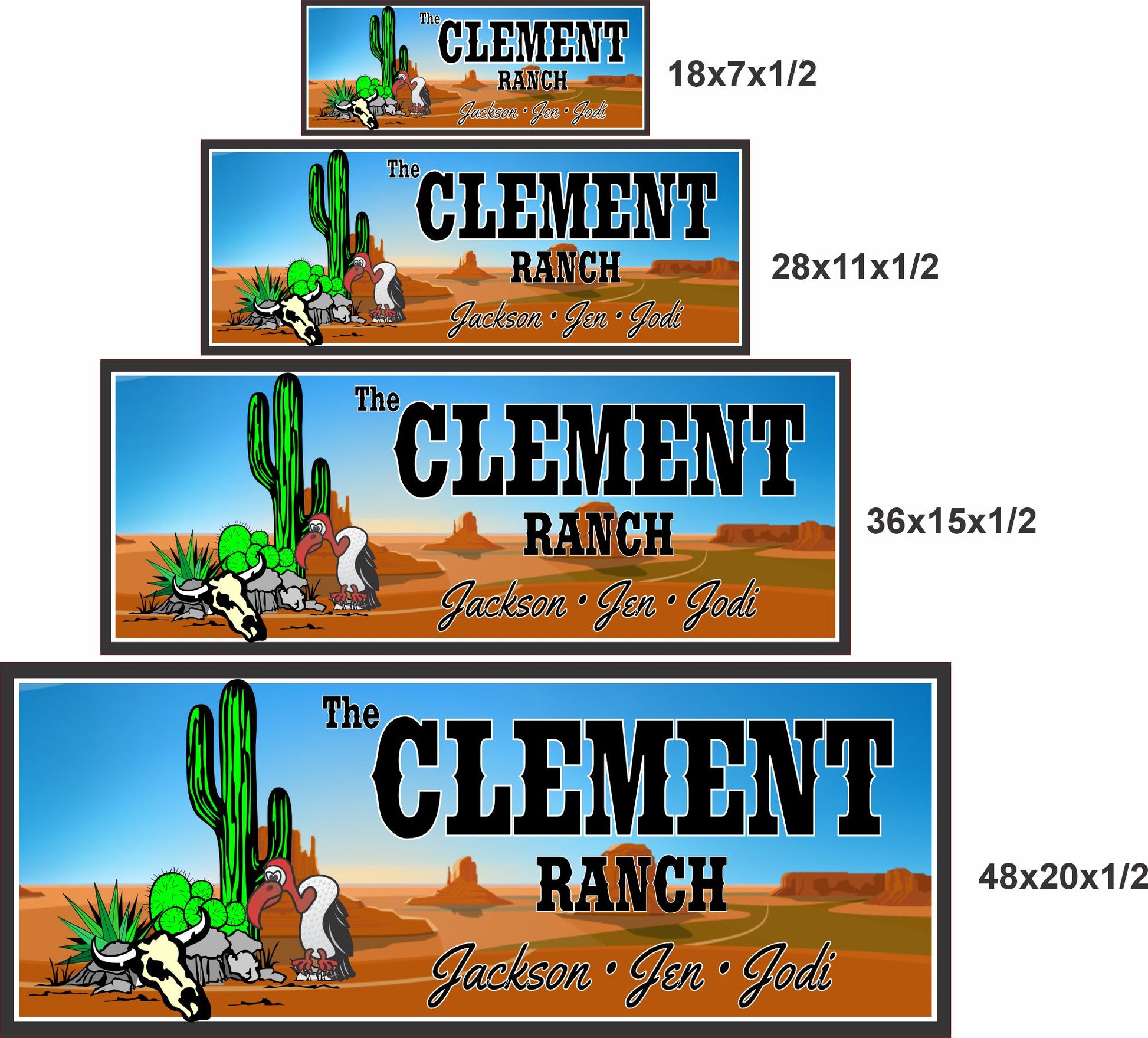 Ranch sign size comparison showing 18x7, 28x11, 36x15, and 48x20 inch options
