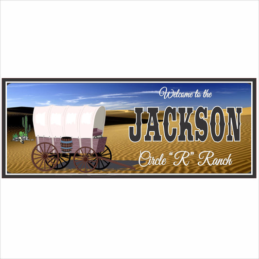 Personalized ranch welcome sign with covered wagon, western landscape, and custom family name on white background