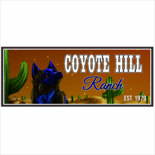 Personalized western ranch sign with coyote artwork, desert background, cactus scenery, and custom text on durable PVC