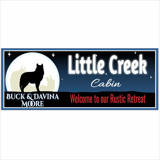 Personalized rustic cabin sign with wolf silhouette and moonlit forest design on rigid PVC