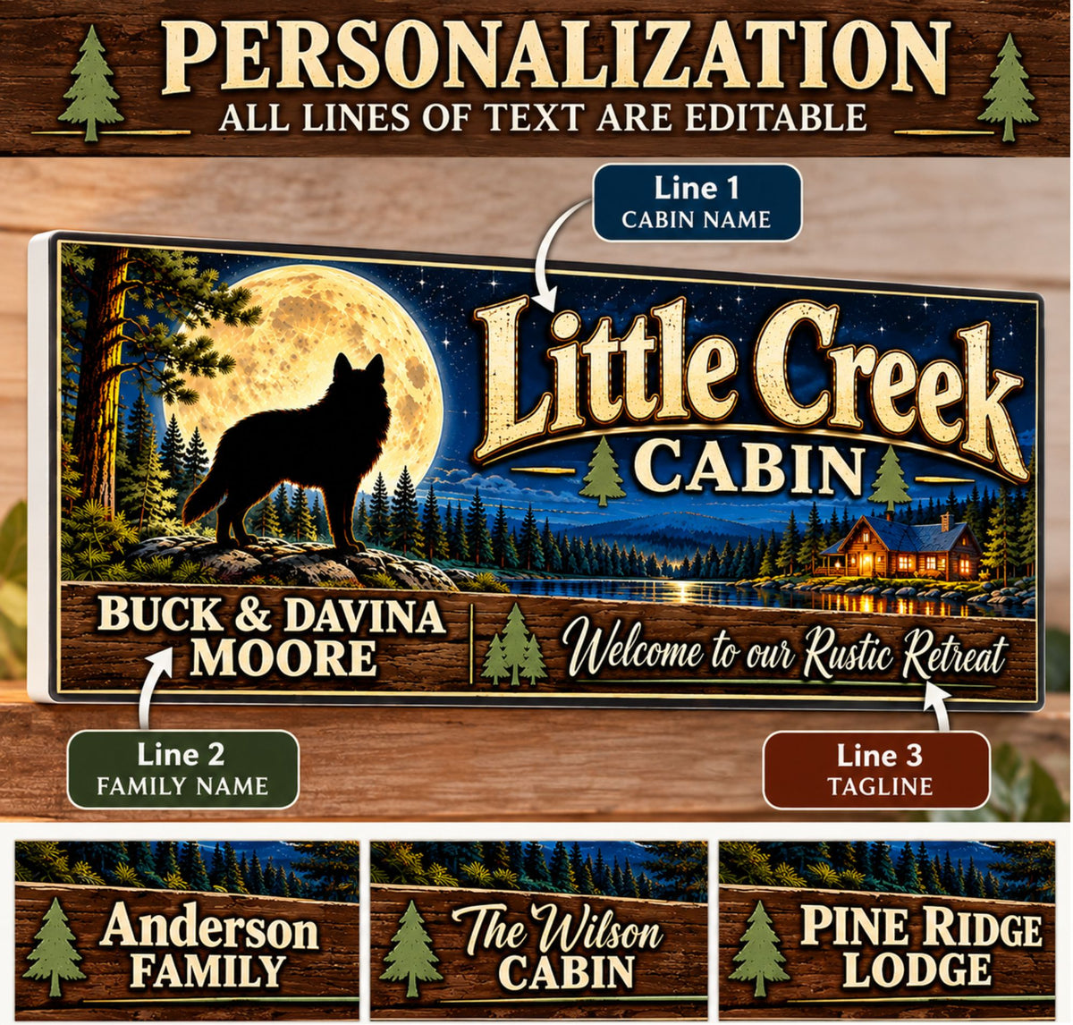 Custom cabin sign showing editable cabin name, family names and welcome message over moonlit wolf and lake artwork.