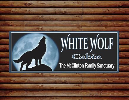 Personalized silhouette sign depicting a wolf howling at the moon against a night sky backdrop