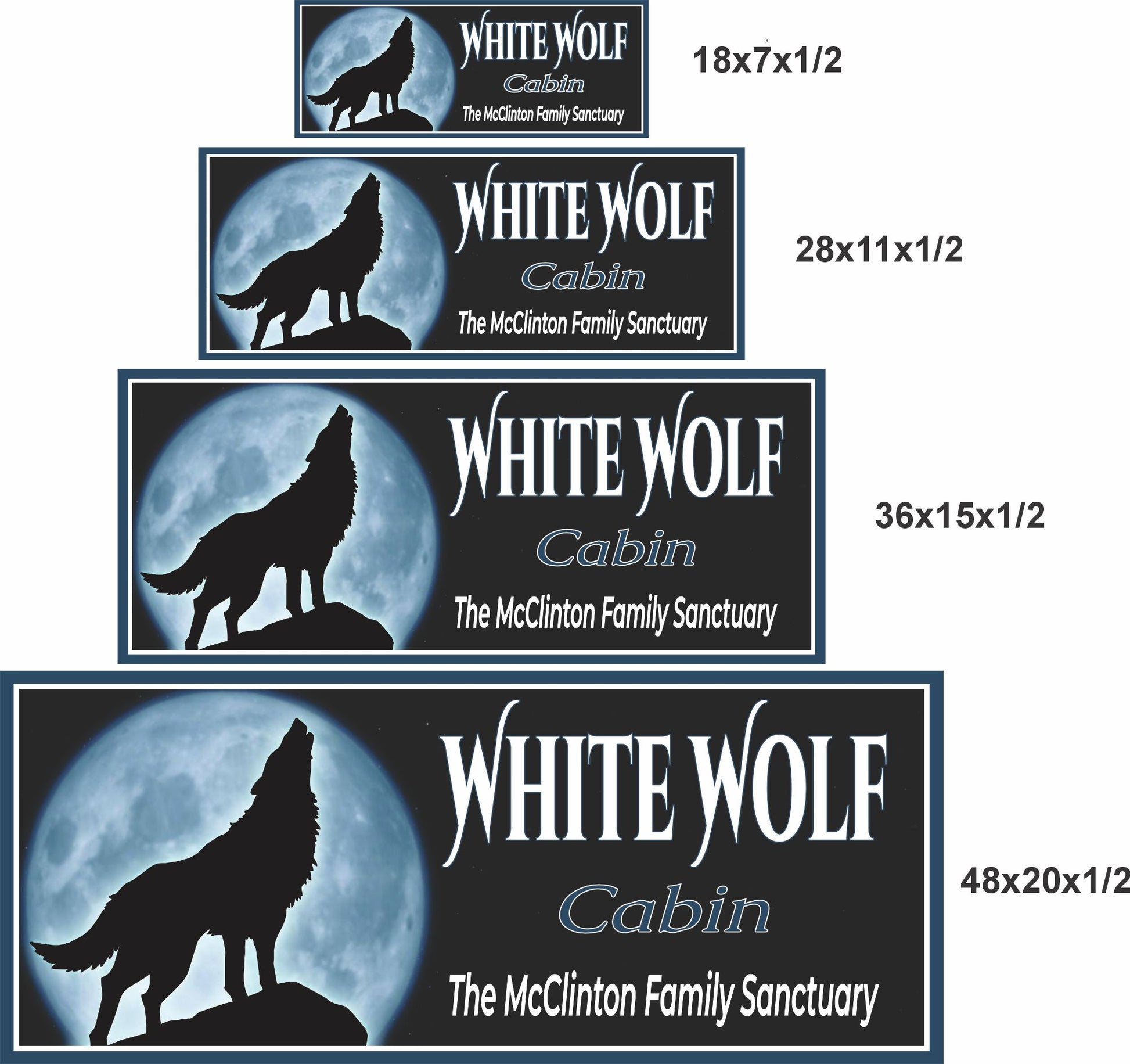 Personalized wolf cabin sign shown in four sizes — 18×7, 28×11, 36×15, and 48×20 inches — to help compare scale for wall display.