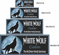 Personalized wolf cabin sign shown in four sizes — 18×7, 28×11, 36×15, and 48×20 inches — to help compare scale for wall display.