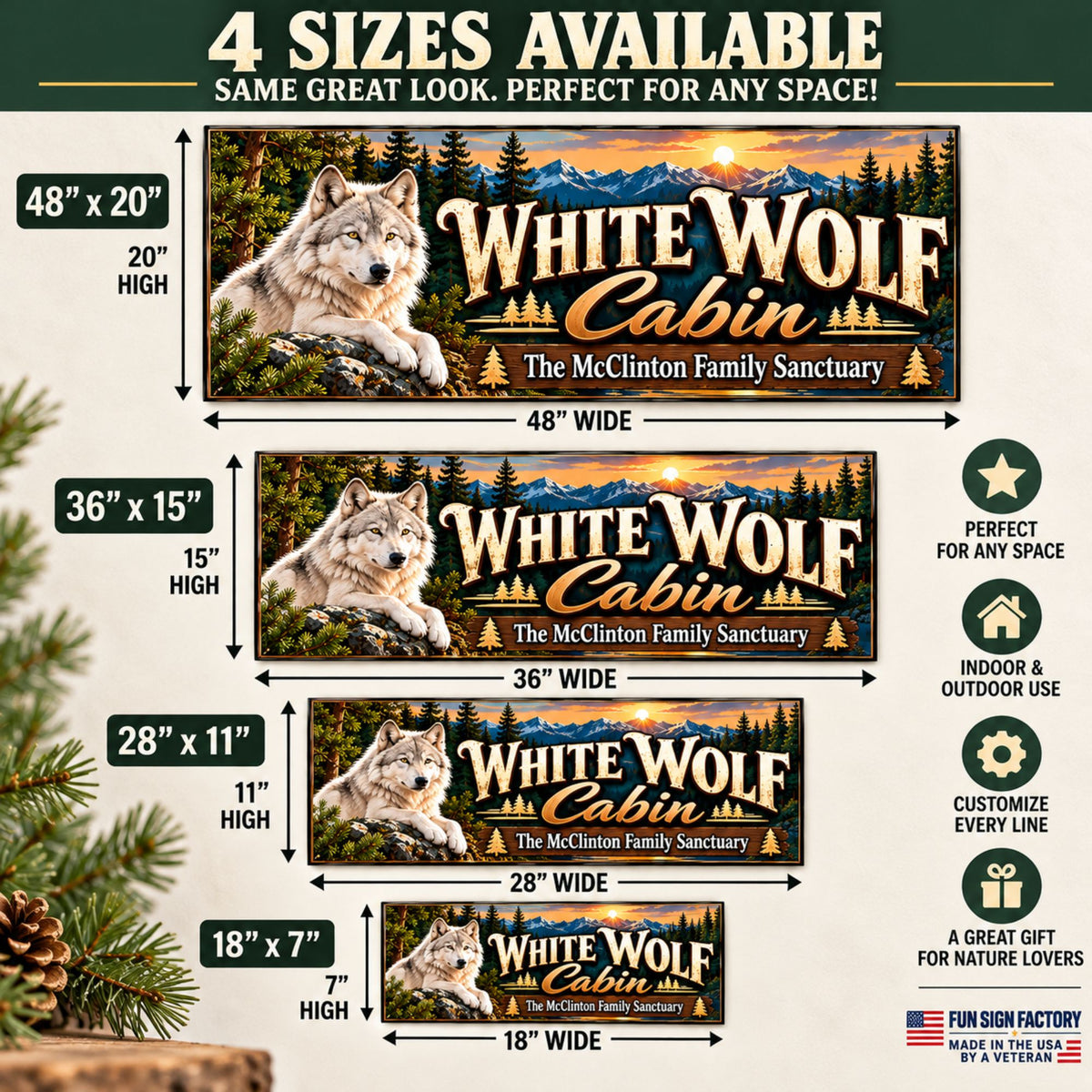 Custom White Wolf Cabin PVC sign available in four sizes: 18x7, 28x11, 36x15 and 48x20 inches.