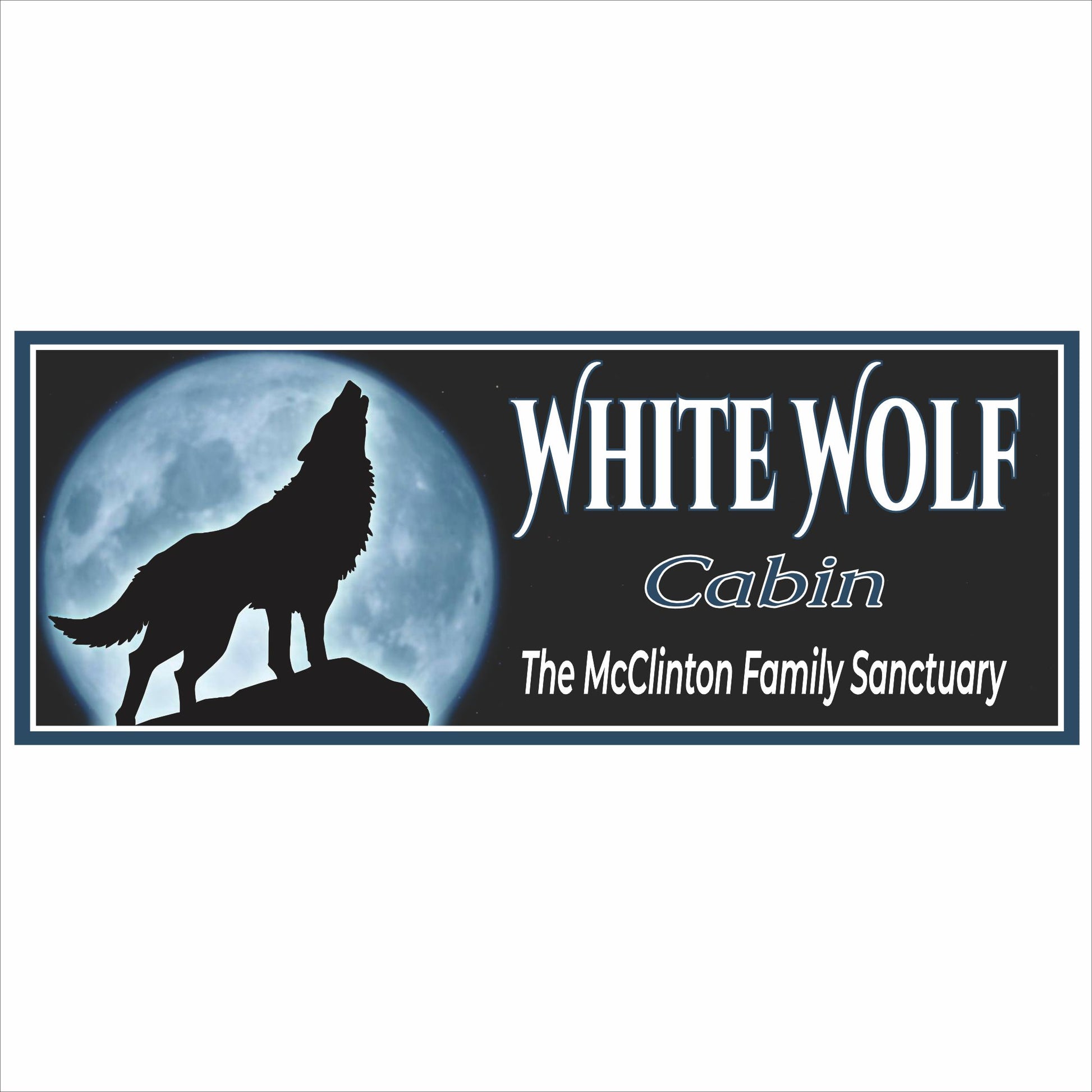 personalized cabin sign featuring wolf silhouette howling at the moon with custom text