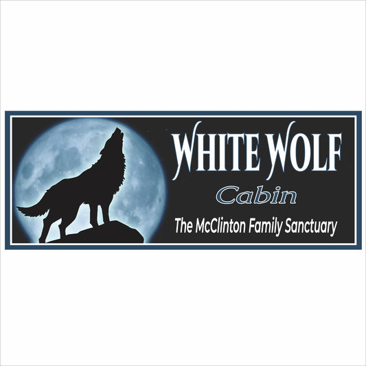 personalized cabin sign featuring wolf silhouette howling at the moon with custom text