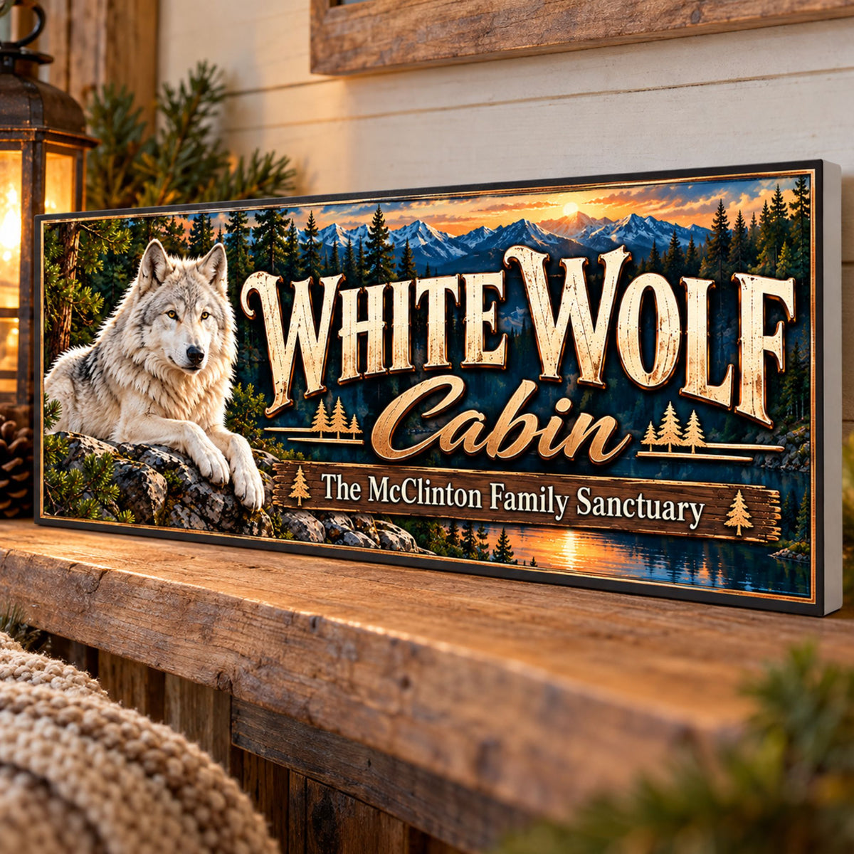 Custom White Wolf Cabin sign displayed on a rustic wooden shelf, featuring a white wolf and personalized cabin lettering.
