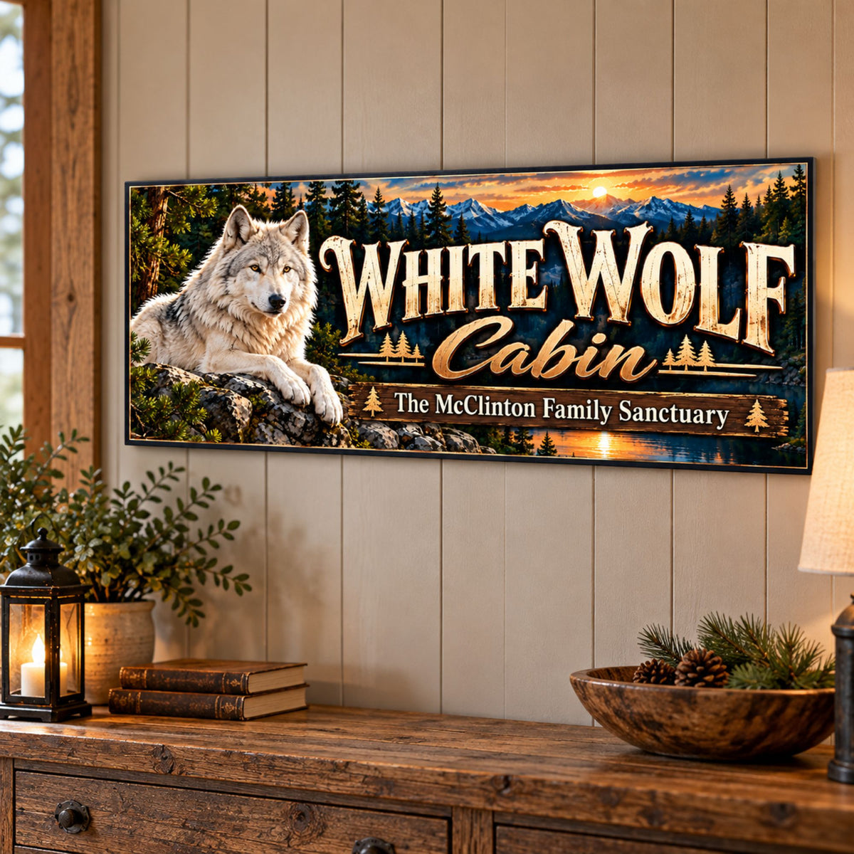 Personalized White Wolf Cabin sign mounted on a wood-paneled cabin wall above a rustic console table.