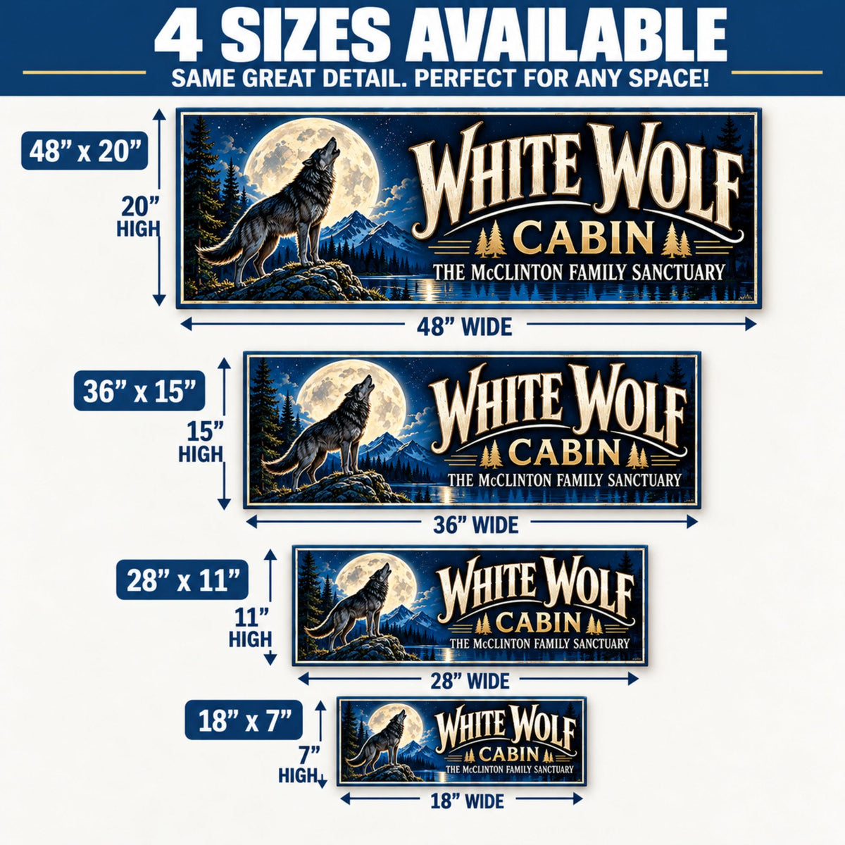 Personalized wolf cabin sign available in four sizes: 48 x 20, 36 x 15, 28 x 11, and 18 x 7 inches.