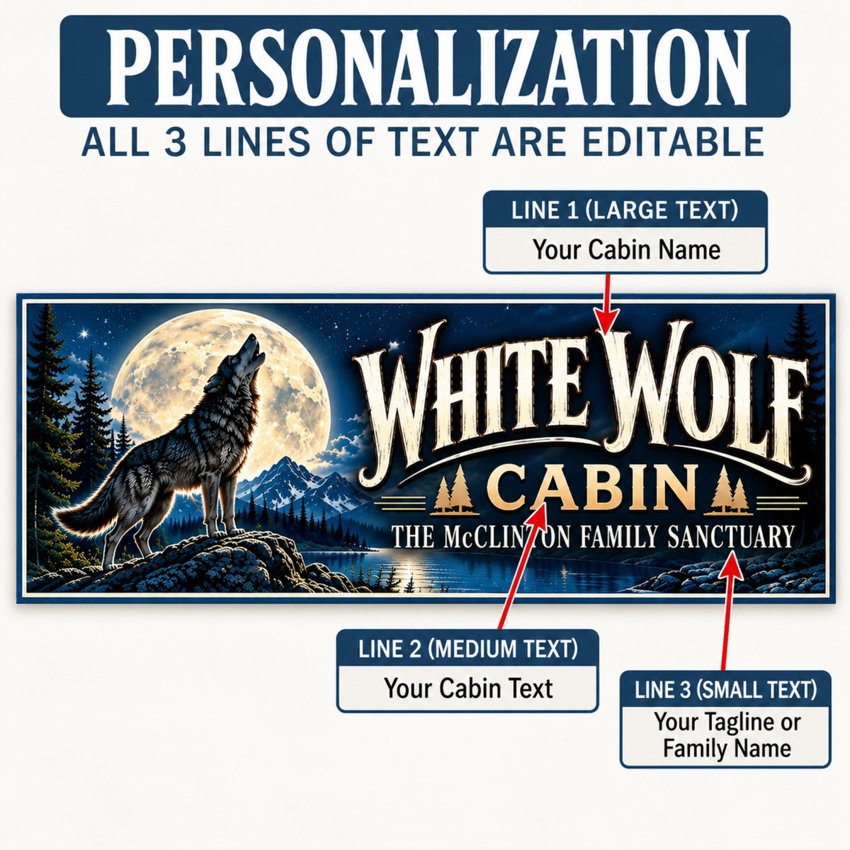 Custom wolf cabin sign showing three editable text lines for cabin name, lodge wording, and family name or tagline.