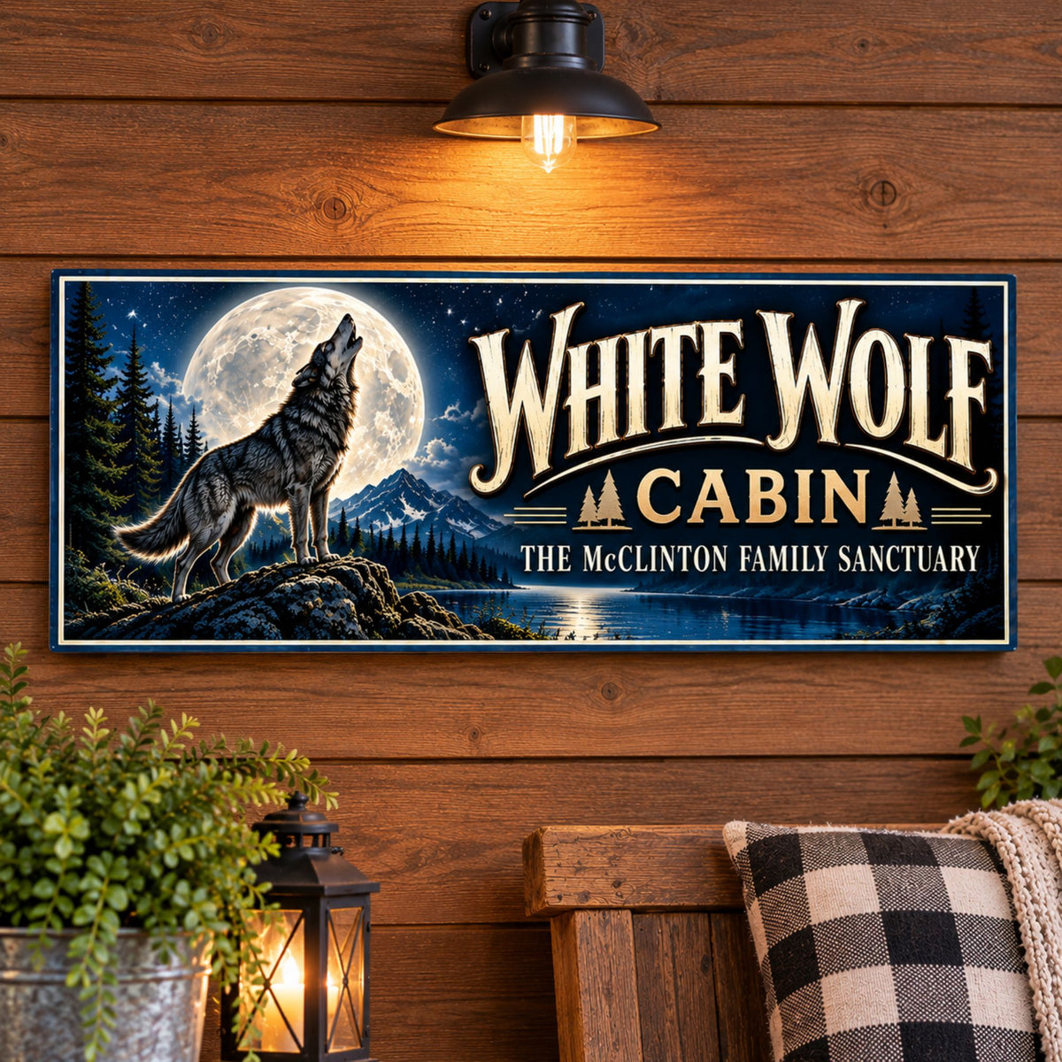 Custom wolf cabin sign displayed on a rustic wood cabin wall with moonlit wilderness artwork and personalized lettering.