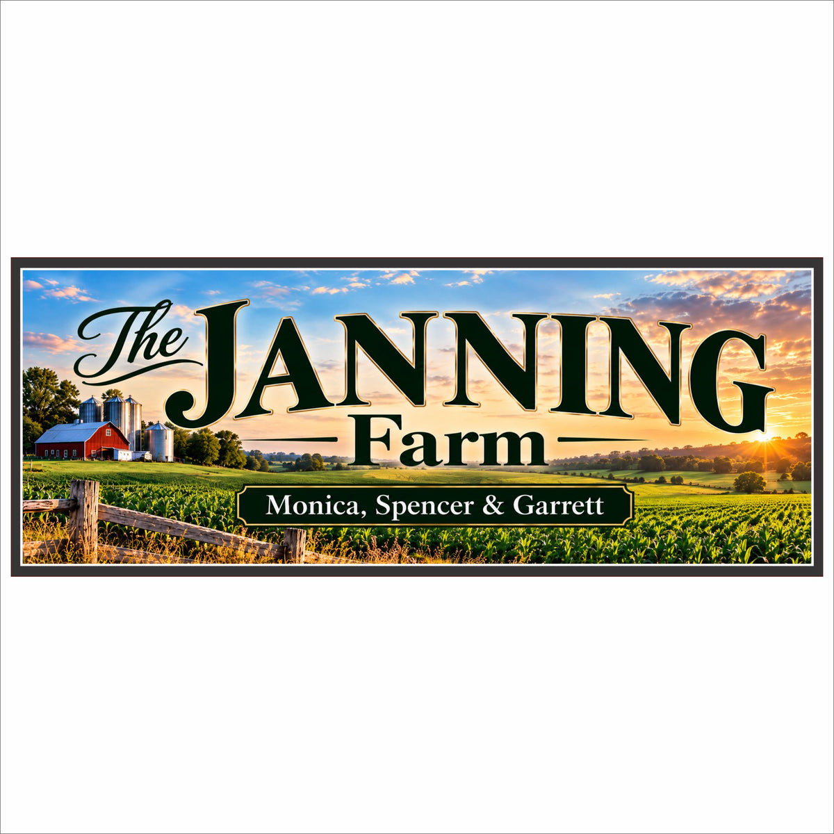 Custom personalized farm sign with barn, silo, windmill, farmland and country sunset