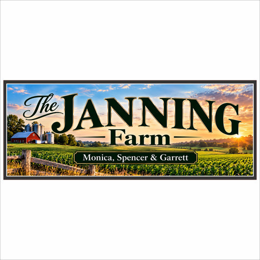 Custom personalized farm sign with barn, silo, windmill, farmland and country sunset