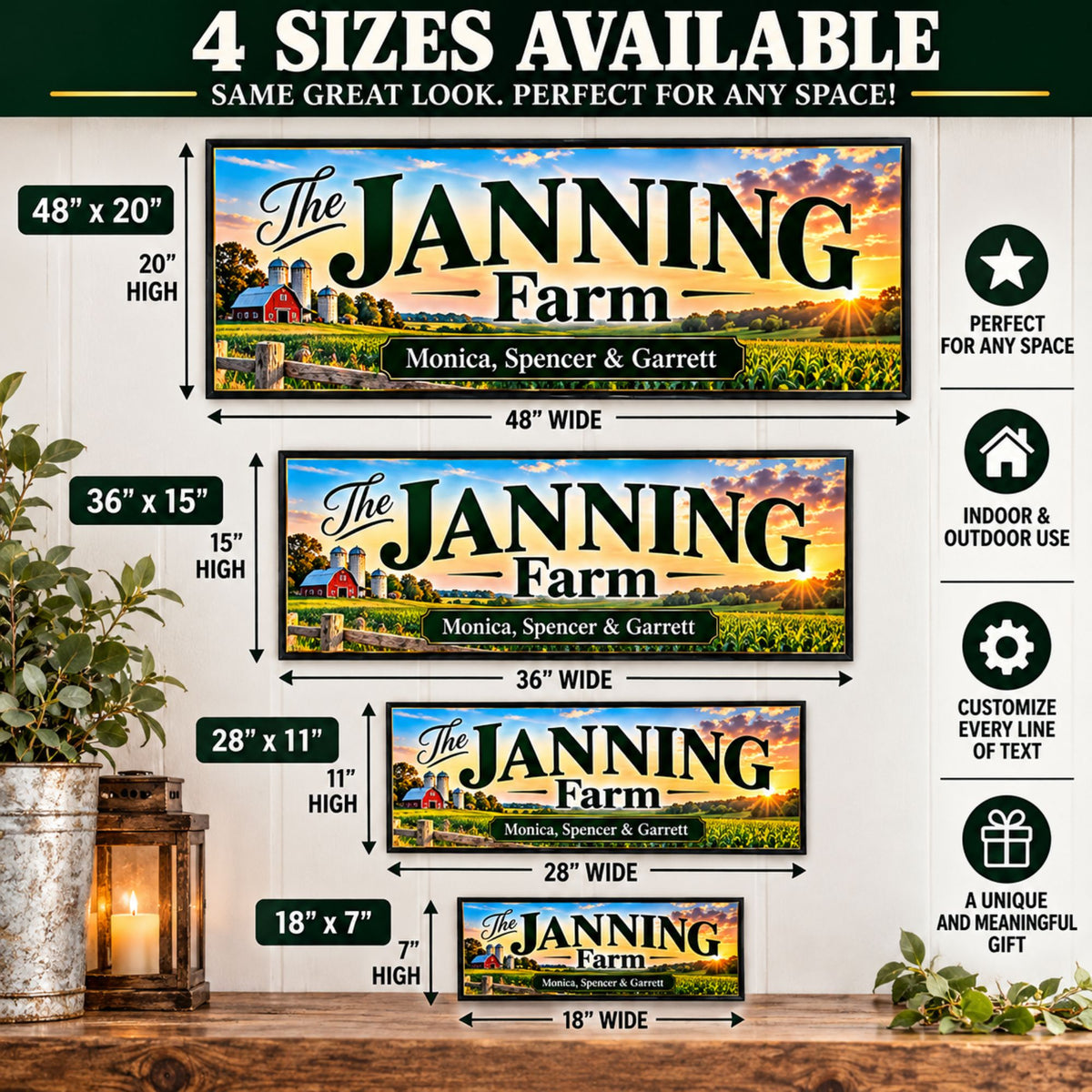 Custom farm sign size chart showing 18x7, 28,x11 36x15 and 48x20 inch sign options