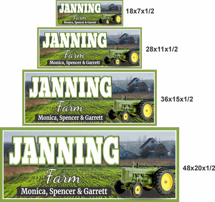 Personalized farm name sign size comparison showing multiple rustic decor options