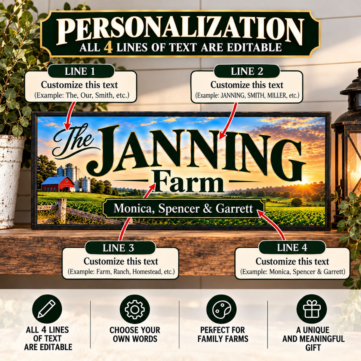 Personalized farm sign showing four customizable text lines with scenic farm artwork
