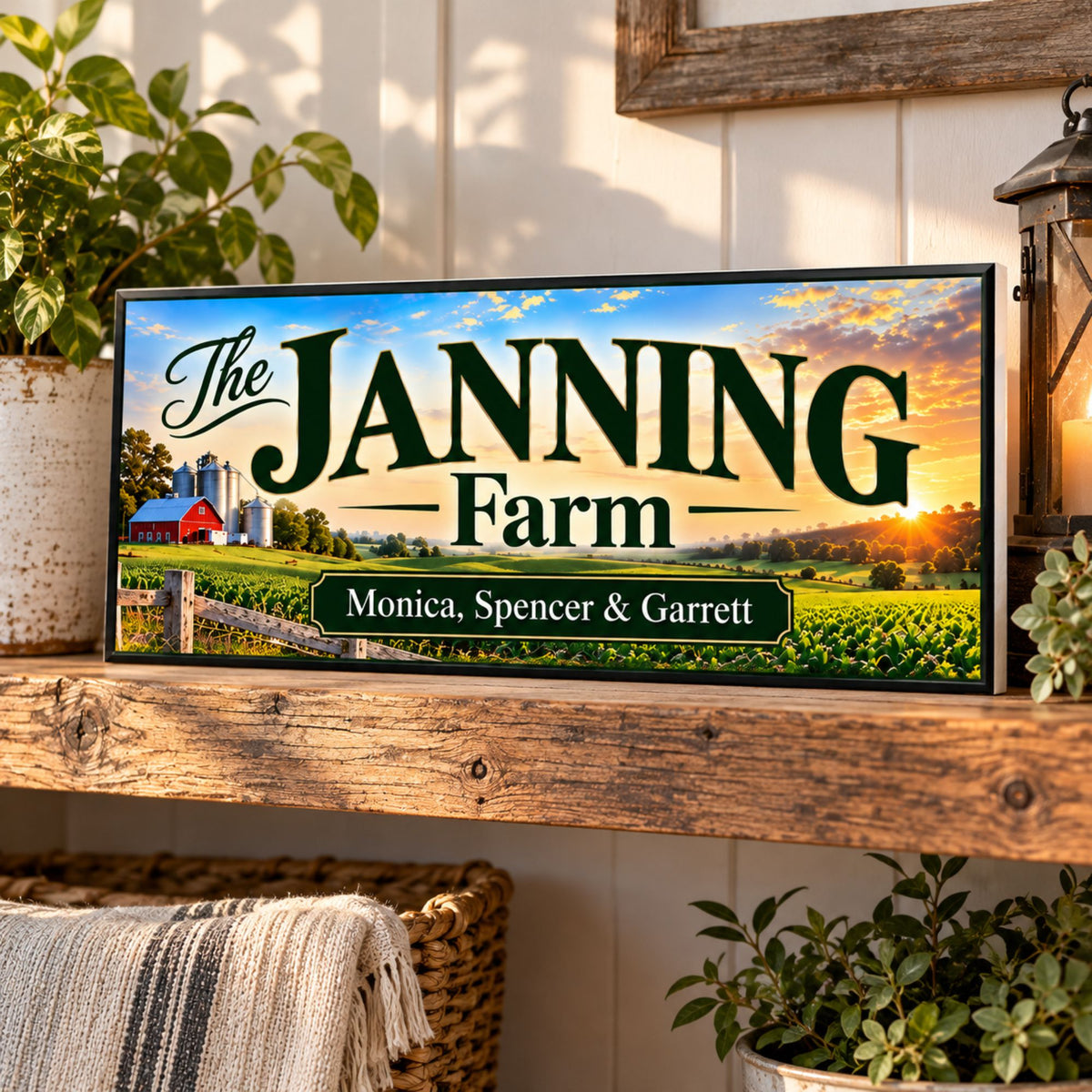 Personalized family farm sign displayed above rustic wood mantel in country home