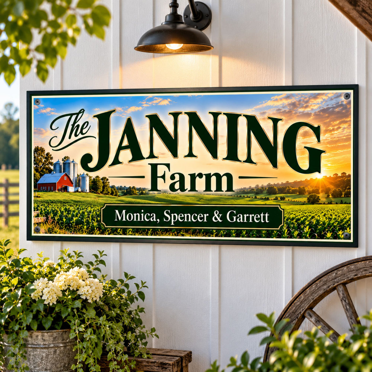 Custom farm sign displayed on wall with rustic farmhouse decor and greenery