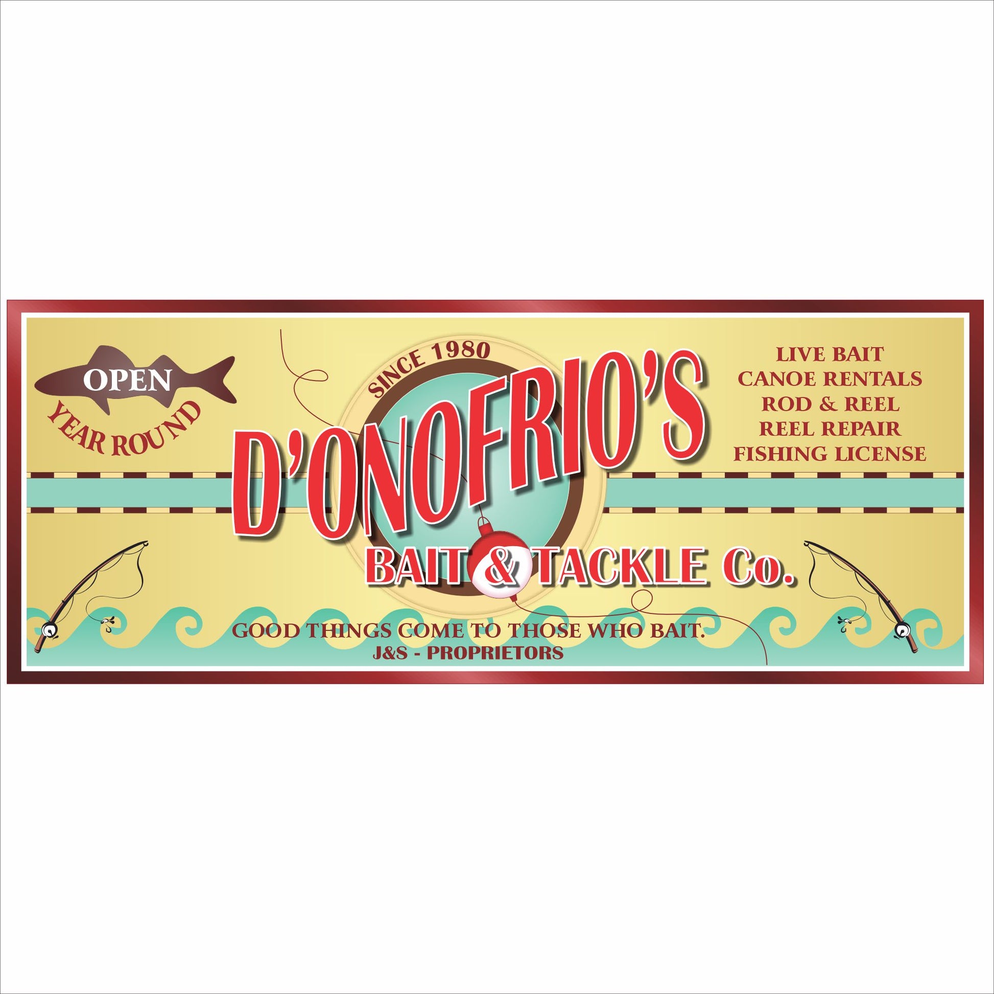 Personalized bait and tackle shop sign with vintage fishing design and custom shop name
