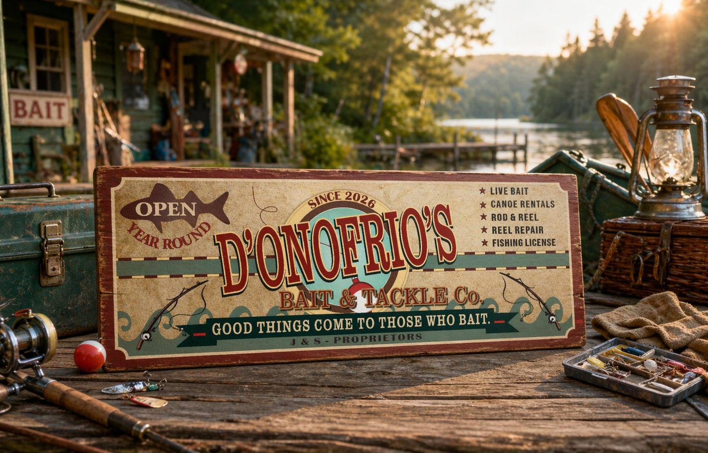 fishing sign displayed on dock table with lake background rustic outdoor decor personalized sign