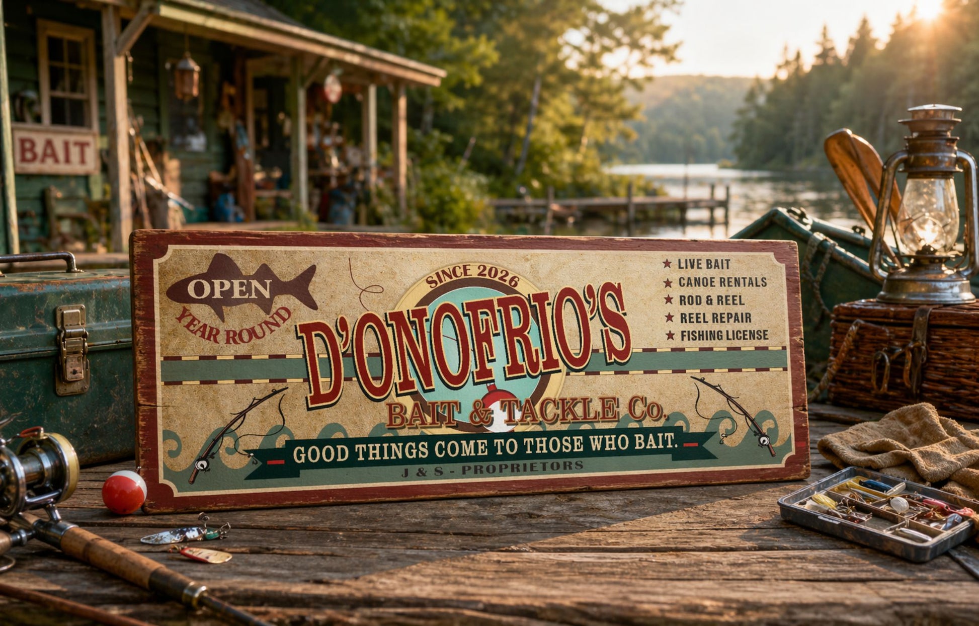 fishing sign displayed on dock table with lake background rustic outdoor decor personalized sign