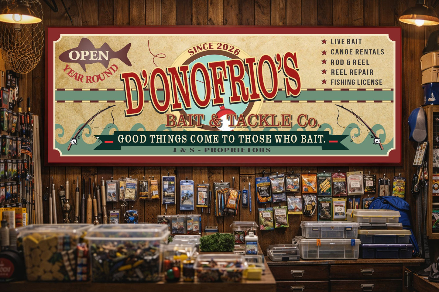 custom bait shop sign hanging inside fishing store interior rustic lodge wall decor
