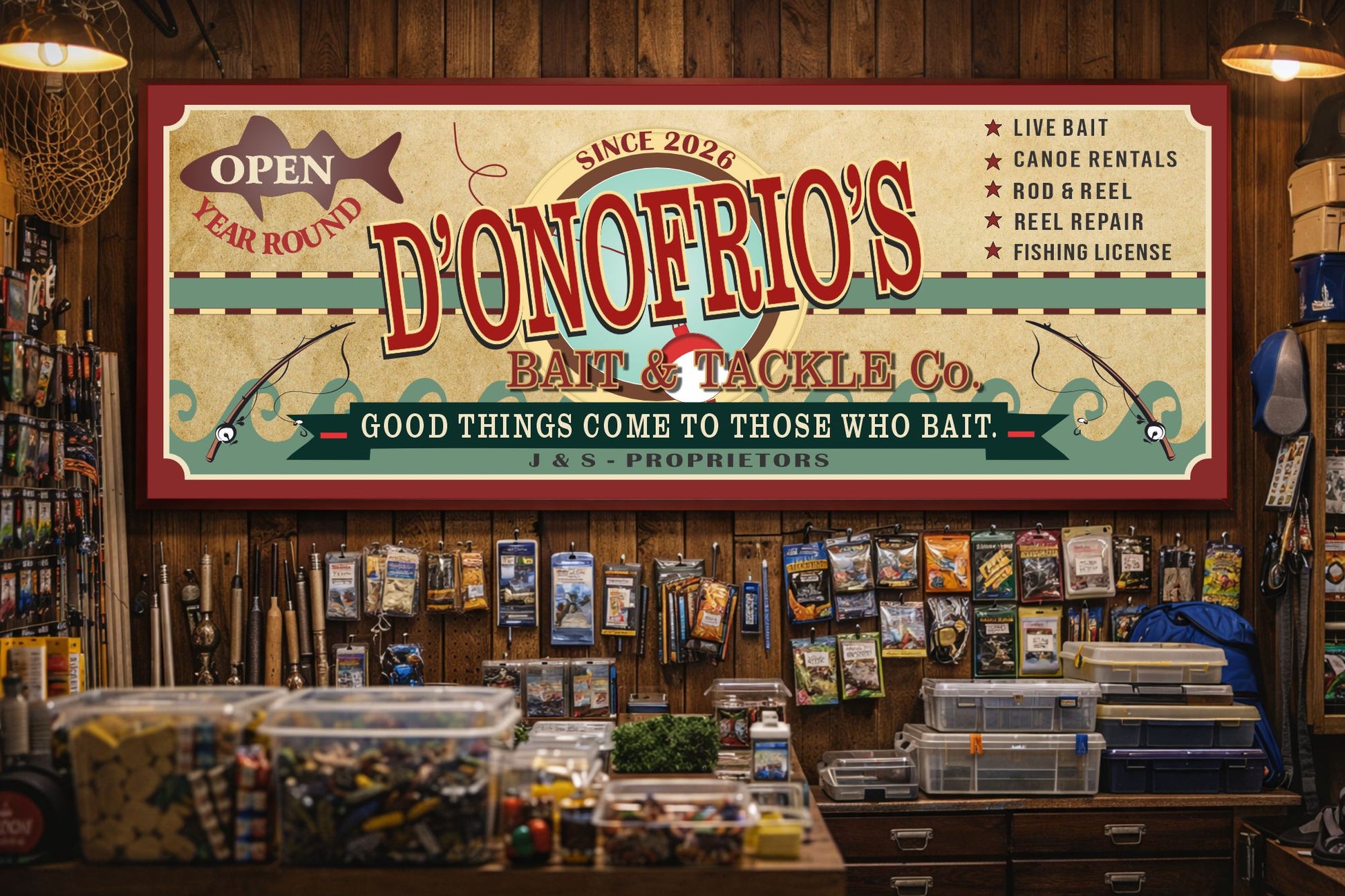 custom bait shop sign hanging inside fishing store interior rustic lodge wall decor