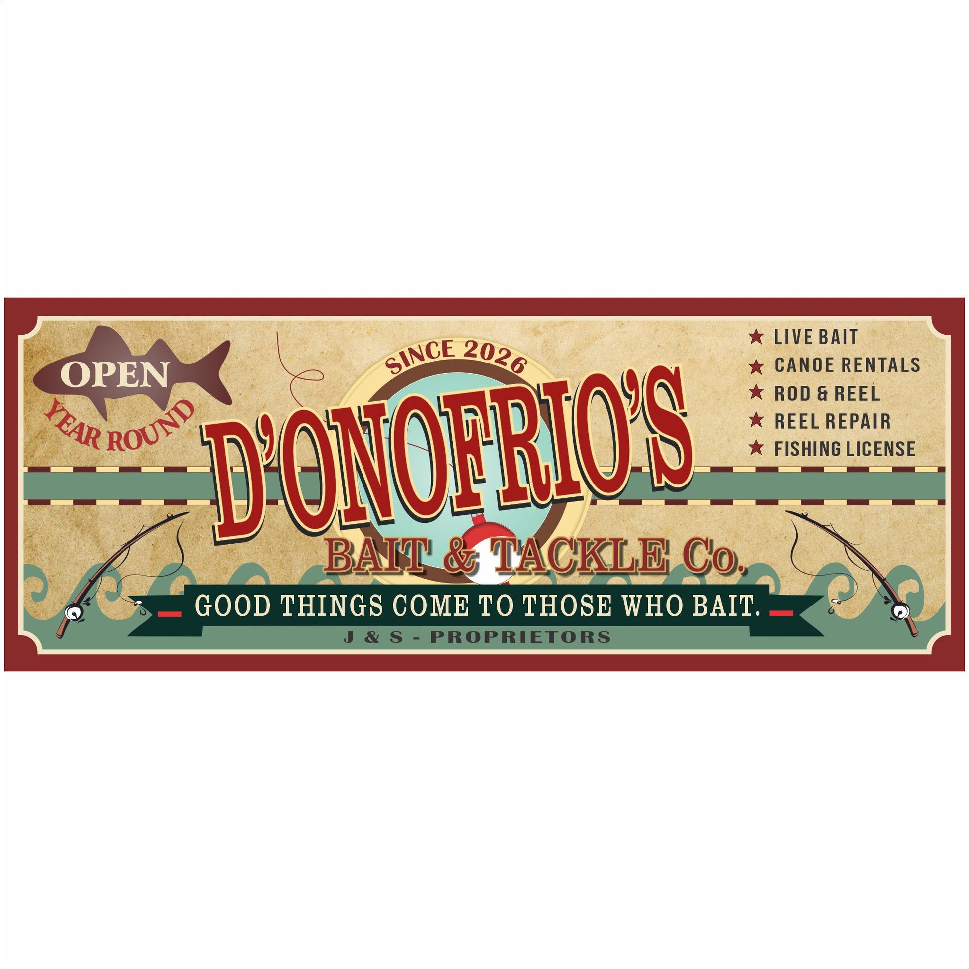 personalized fishing sign bait and tackle vintage style lake house wall decor custom name sign