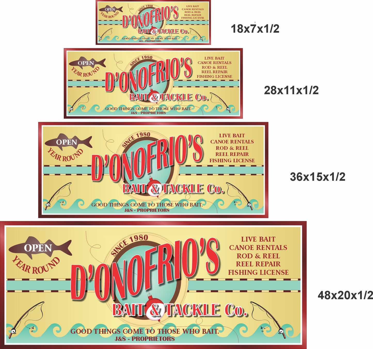 Bait and tackle wall sign shown in four available size options