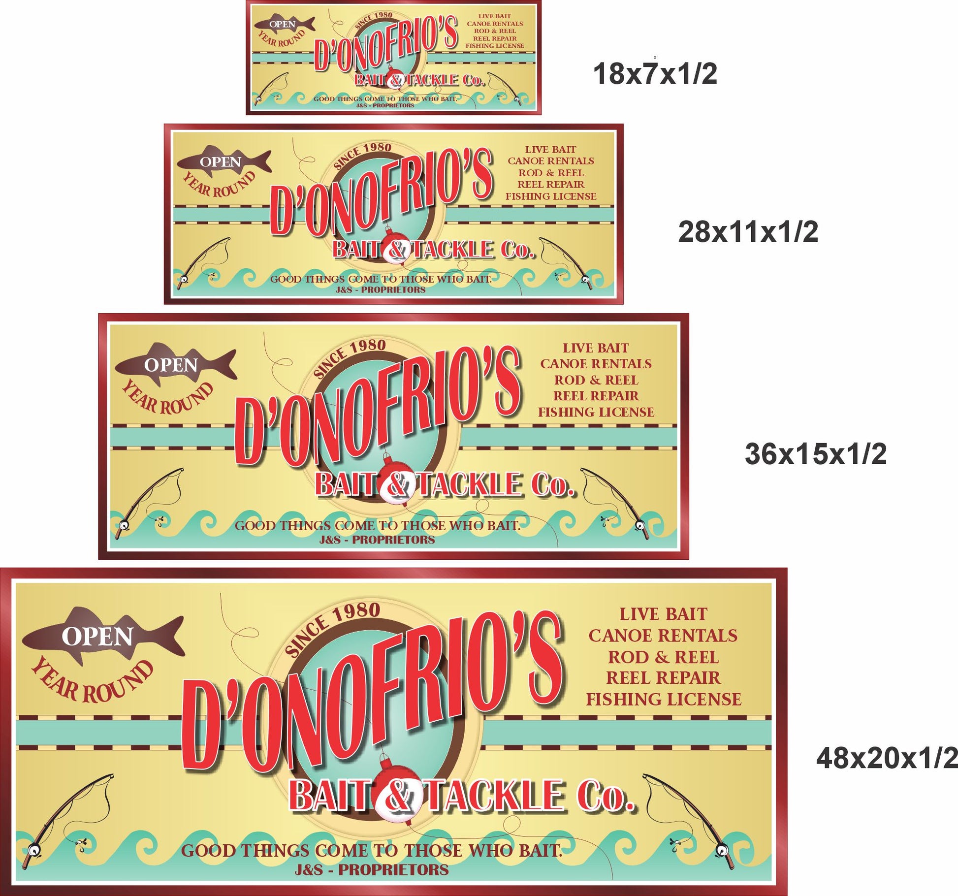 Bait and tackle wall sign shown in four available size options