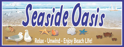 Image of a personalized coastal retreat sign featuring hermit crab, seashells, and classic crabs, perfect for beach-themed decor.