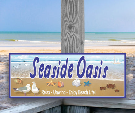 Image of a personalized coastal retreat sign featuring hermit crab, seashells, and classic crabs, perfect for beach-themed decor.