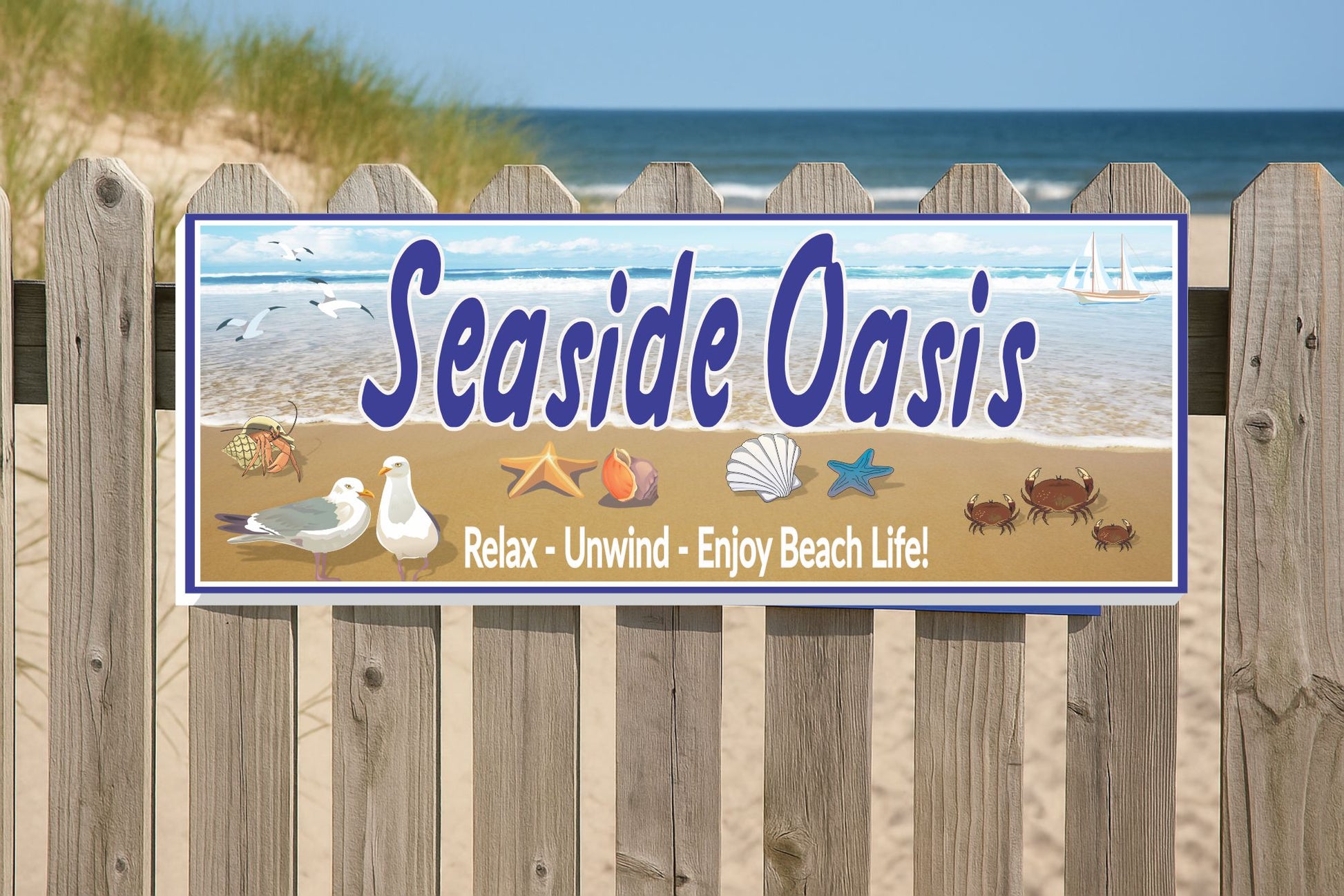 Seaside Oasis beach sign mounted on an outdoor wooden fence with ocean scenery and coastal decor theme.