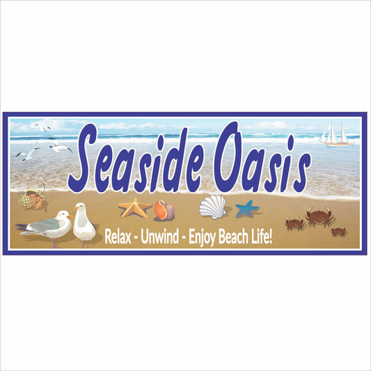 Personalized Seaside Oasis beach sign with coastal shoreline artwork, seabirds, shells, and sailboats, printed on rigid PVC for indoor or outdoor wall display.