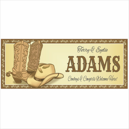 Personalized Western welcome sign with cowboy boots, hat, rustic border, and custom family name on white background