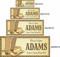 Western welcome sign size comparison showing 18x7, 28x11, 36x15, and 48x20 inch options