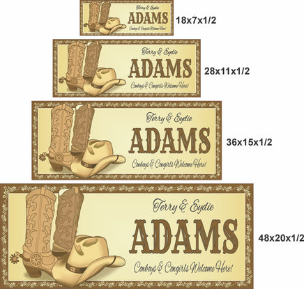 Western welcome sign size comparison showing 18x7, 28x11, 36x15, and 48x20 inch options