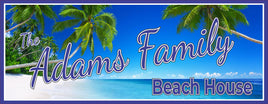 Image of a Custom Beach House Sign featuring a Blue Ocean, Sandy Beach, and Green Palm Trees