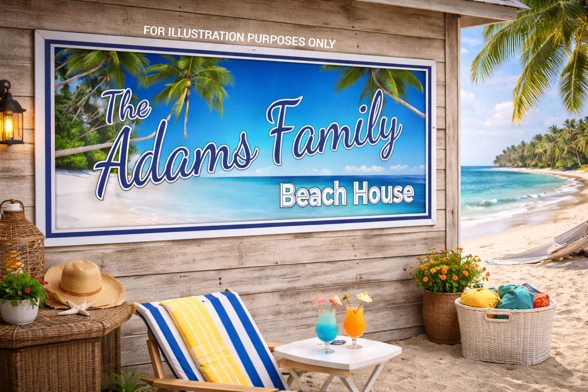 Personalized beach house sign mounted on a wooden exterior wall with ocean view, palm trees, lounge chair, and tropical drinks on a sandy patio