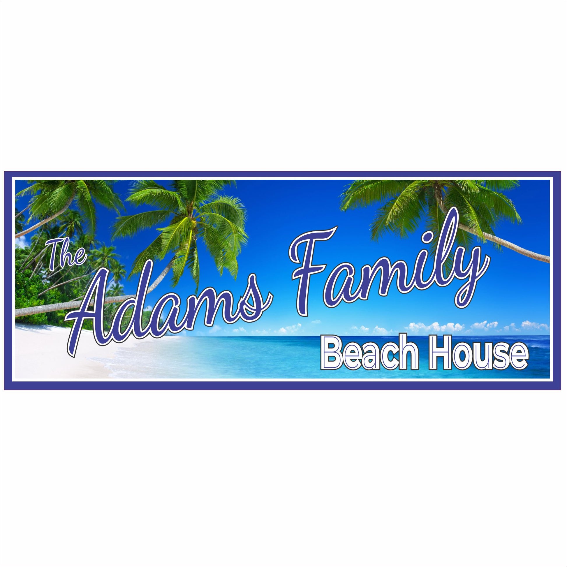 Personalized beach house family sign with palm trees and ocean scene