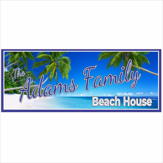 Personalized beach house family sign with palm trees and ocean scene