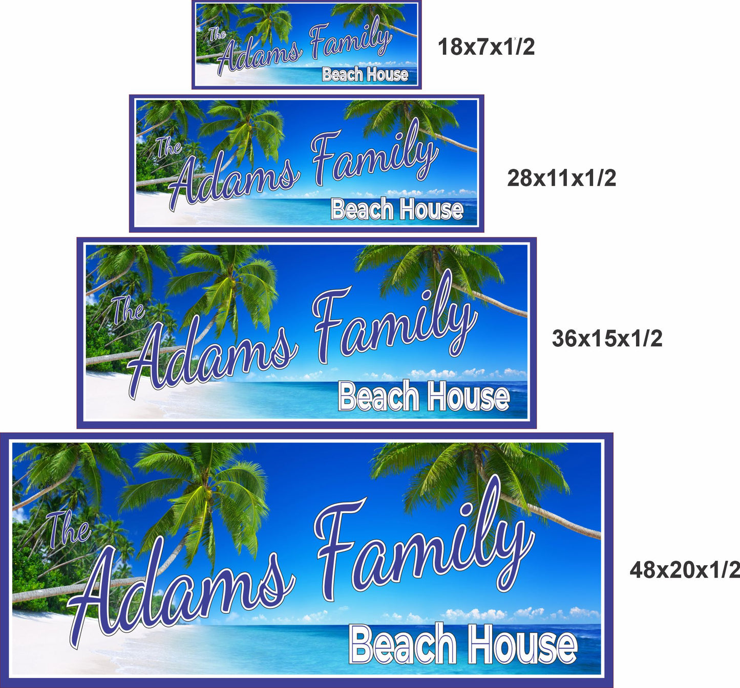 Beach house family sign shown in four available size options