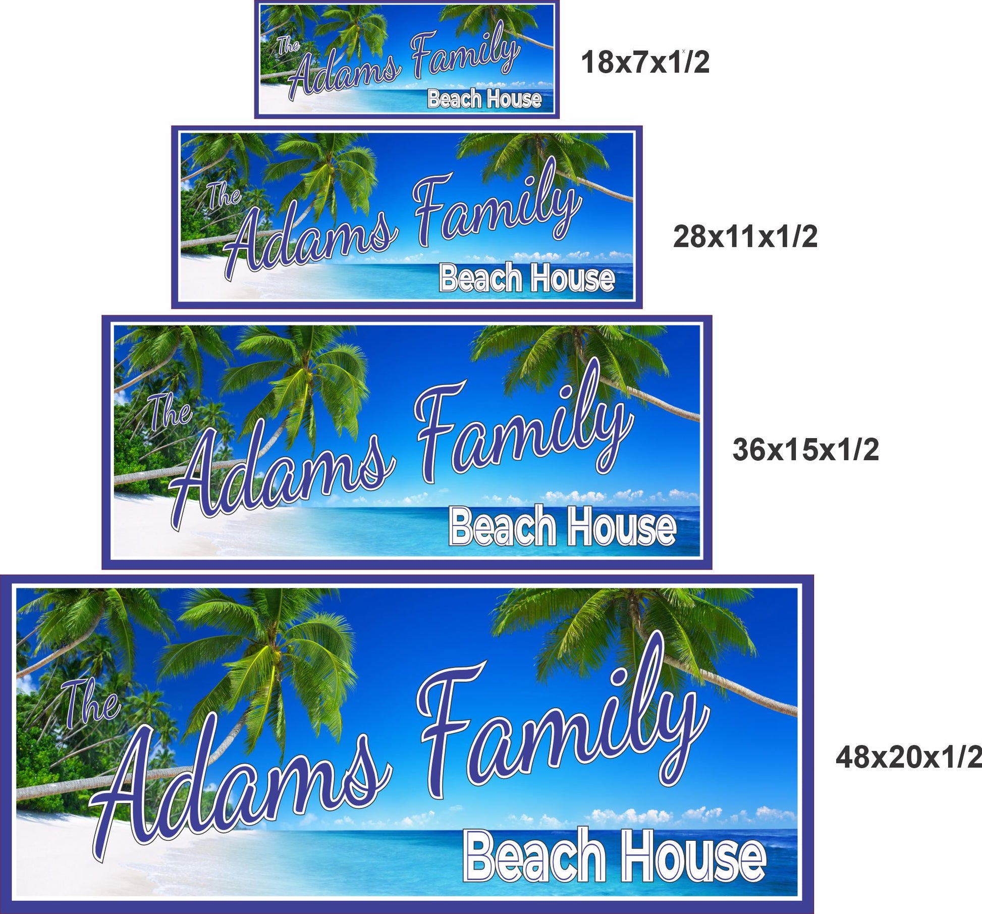 Beach house family sign shown in four available size options