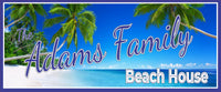 Personalized beach house sign featuring a blue ocean, sandy shoreline, and green palm trees, with customizable family name text, printed on durable vinyl mounted to rigid PVC for indoor or outdoor display, available in multiple sizes, made in the USA by a veteran
