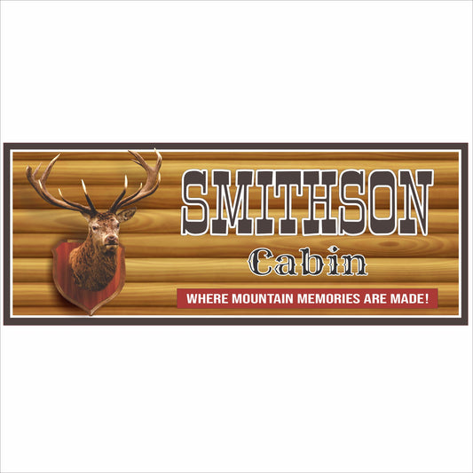 Personalized cabin sign with rustic wood background, deer illustration, and custom family name on white background