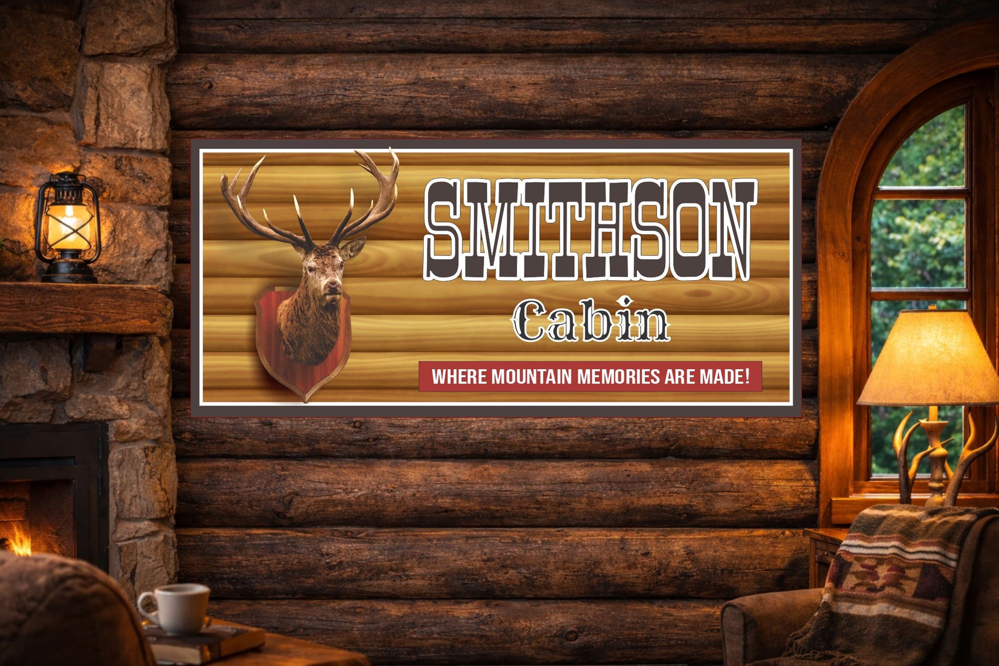 Cabin sign mounted on a log cabin wall with warm lighting and mountain décor