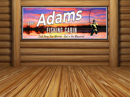 Custom Fishing Cabin Sign: Silhouette of Fisherman against Vibrant Fiery Sunset