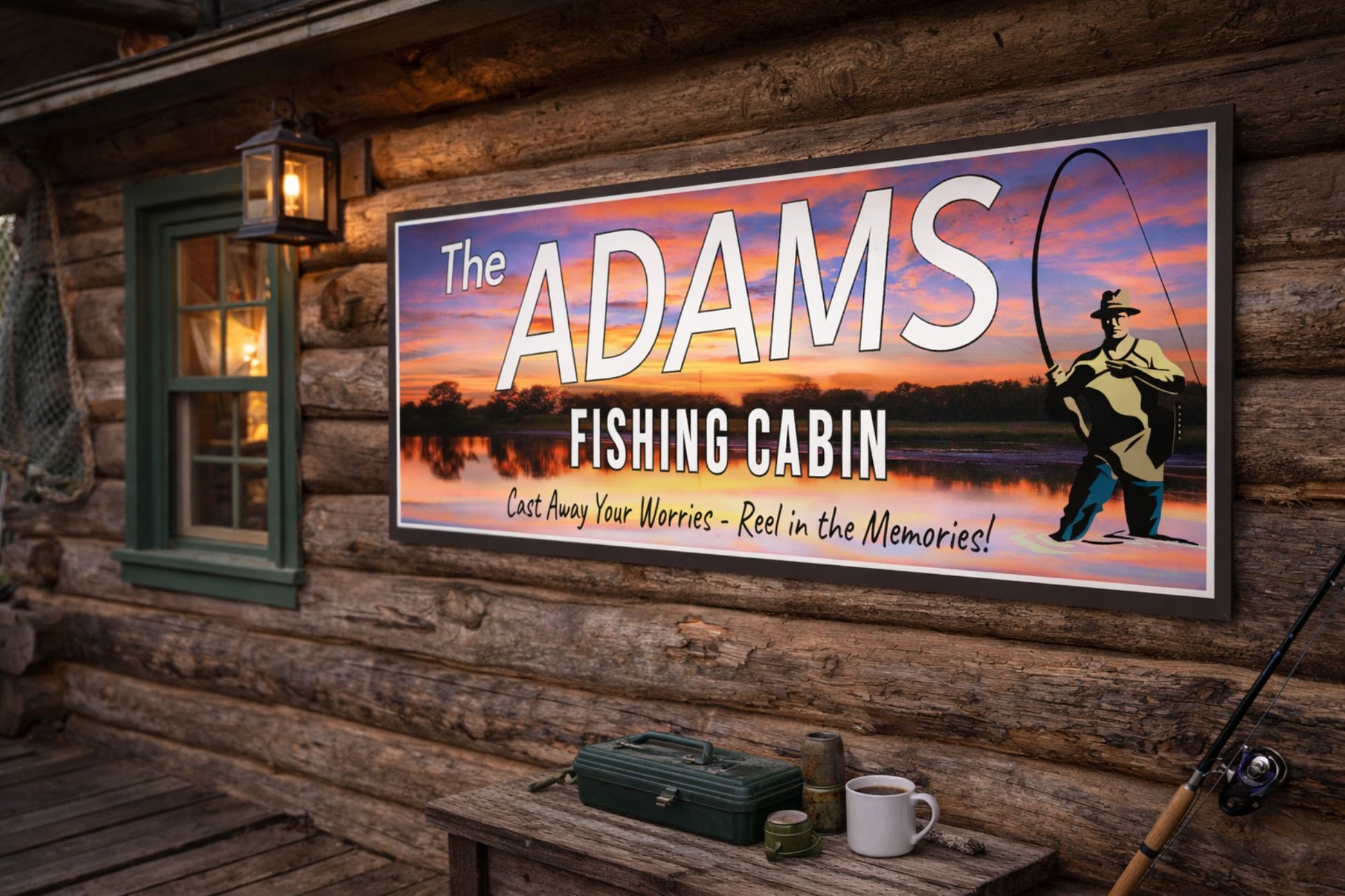 Custom fishing cabin sign displayed on a rustic cabin wall above a wooden bench