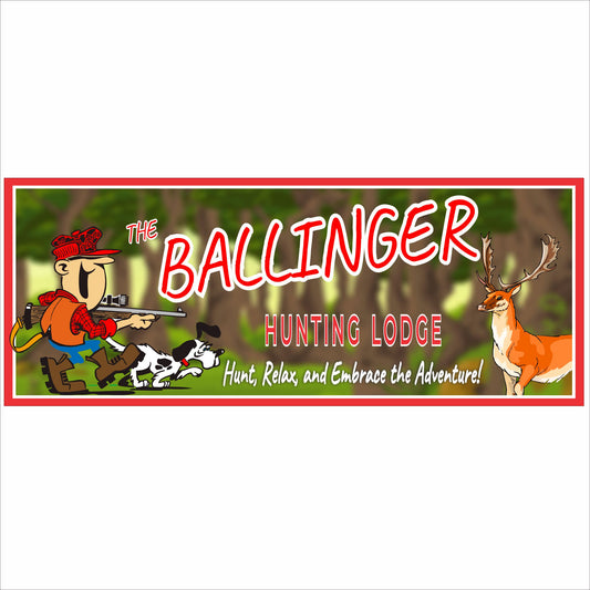 Personalized hunting lodge sign with deer, hunter, and custom family name